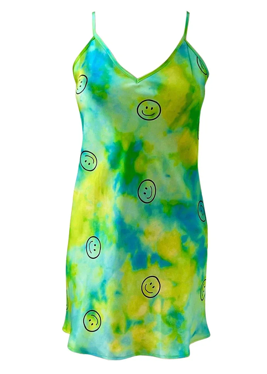 Acid Smiley Tie Dye Silk Slip Mini Dress