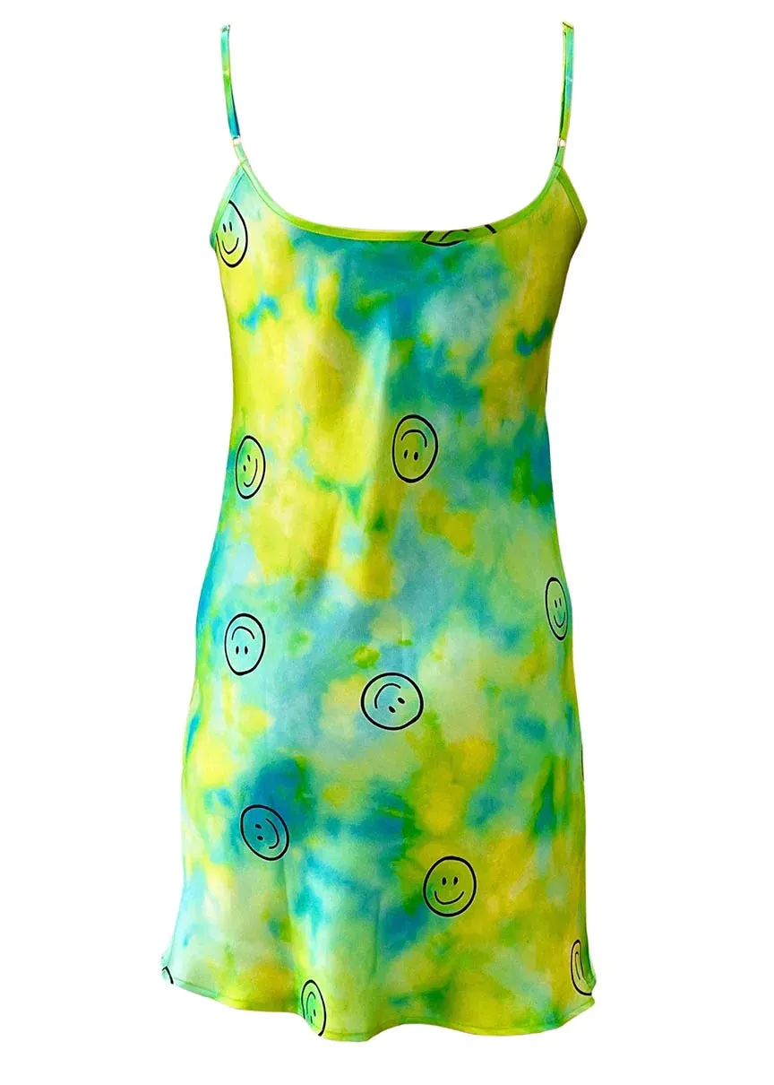 Acid Smiley Tie Dye Silk Slip Mini Dress