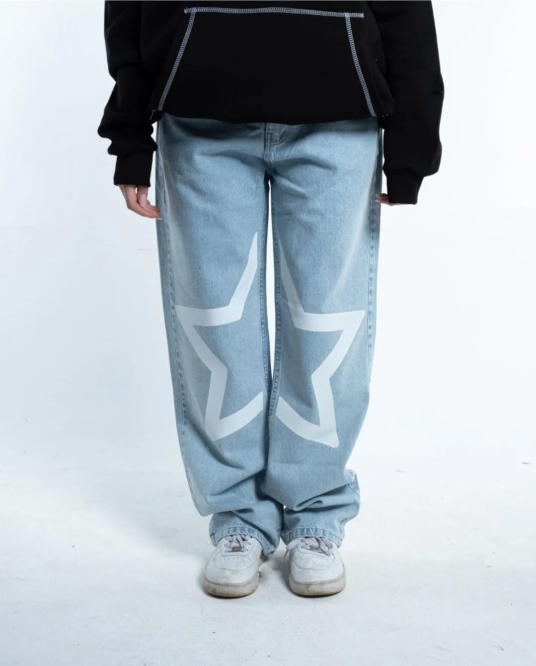 Aesthetic Y2k Star Printed Baggy Straight Fit Black Jeans