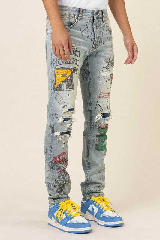 ALL OVER DOODLING SLIM FIT DENIM