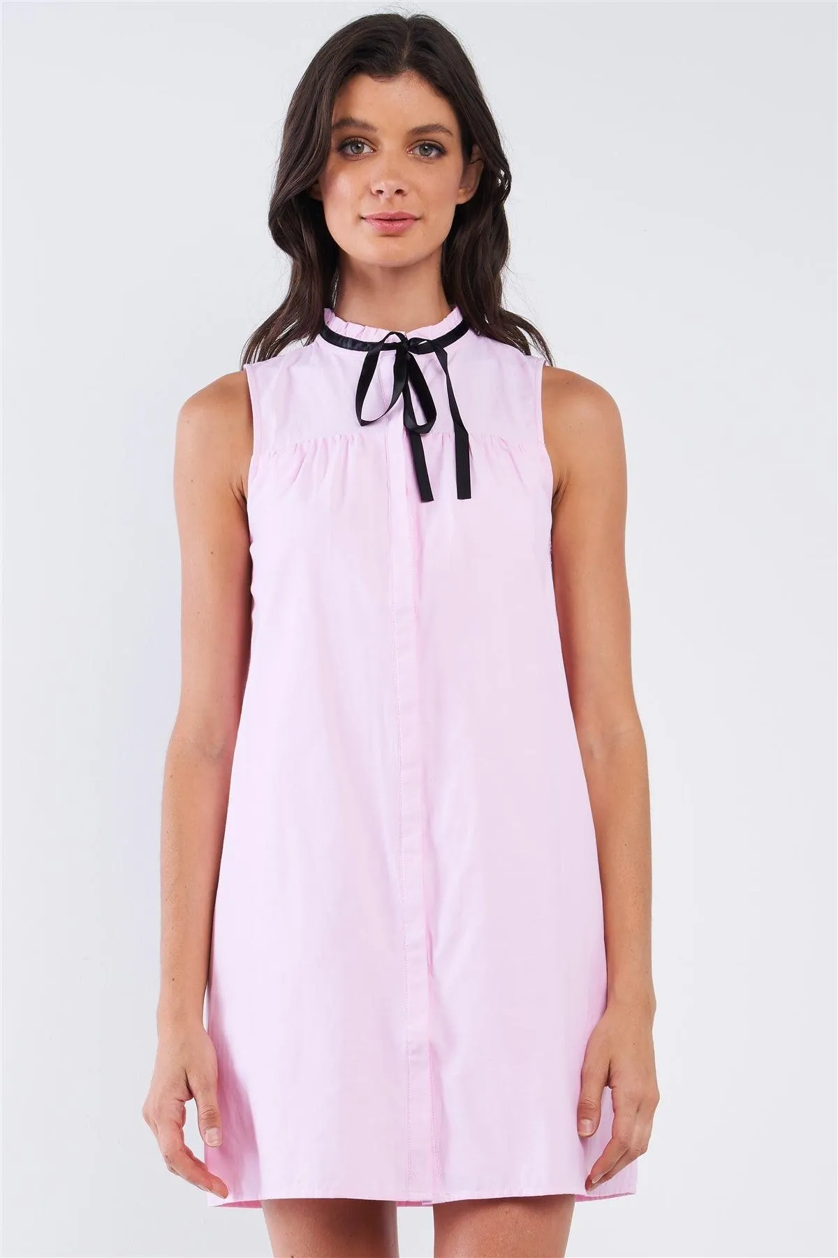 Baby Pink Button Down Sleeveless Ribbon Tie Lettuce Hem Round Neck Loose Fit Babydoll Mini Dress /1-2-2-1