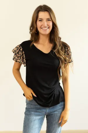 Black Top with Leopard Flutter Sleeves