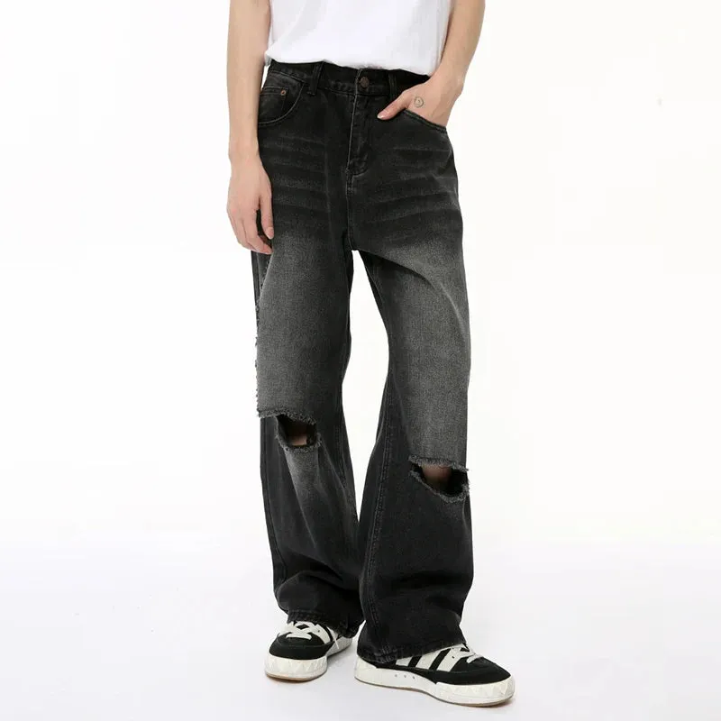 Chic Men's Denim Pants Summer Loose Hole Straight Menwear Gradient Wide Leg Male Casual Jeans Stylish 9C6388