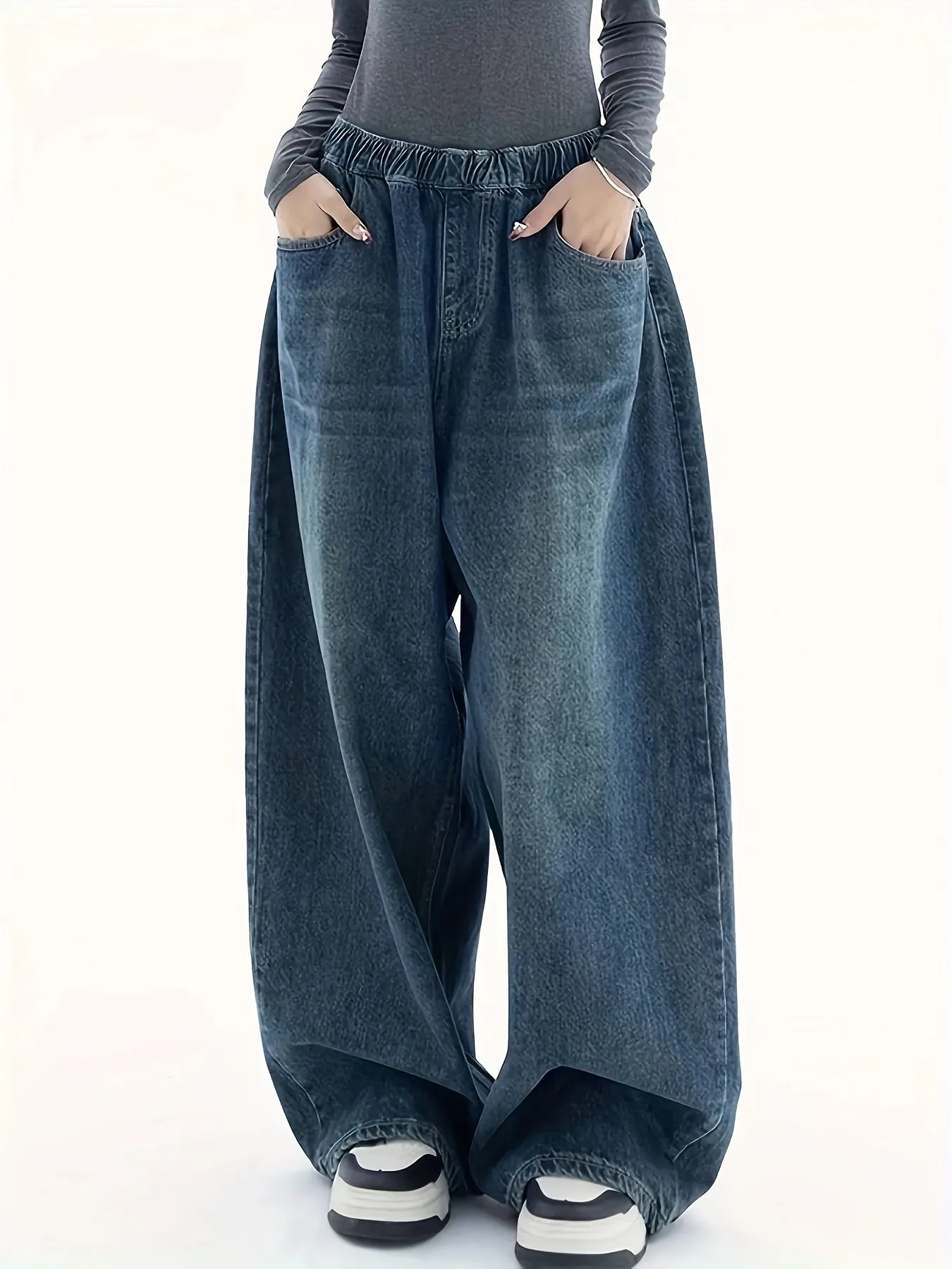 Chic Y2k Baggy Denim Pants - Wide Leg Elastic Waist for Women - Comfortable & Stylish Loose Fit Streetwear Jeans with Slant Pockets