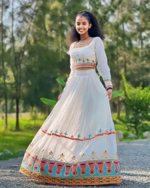 Colorful Habesha Dress with Crop Top and Skirt Elegant Ethiopian Dress