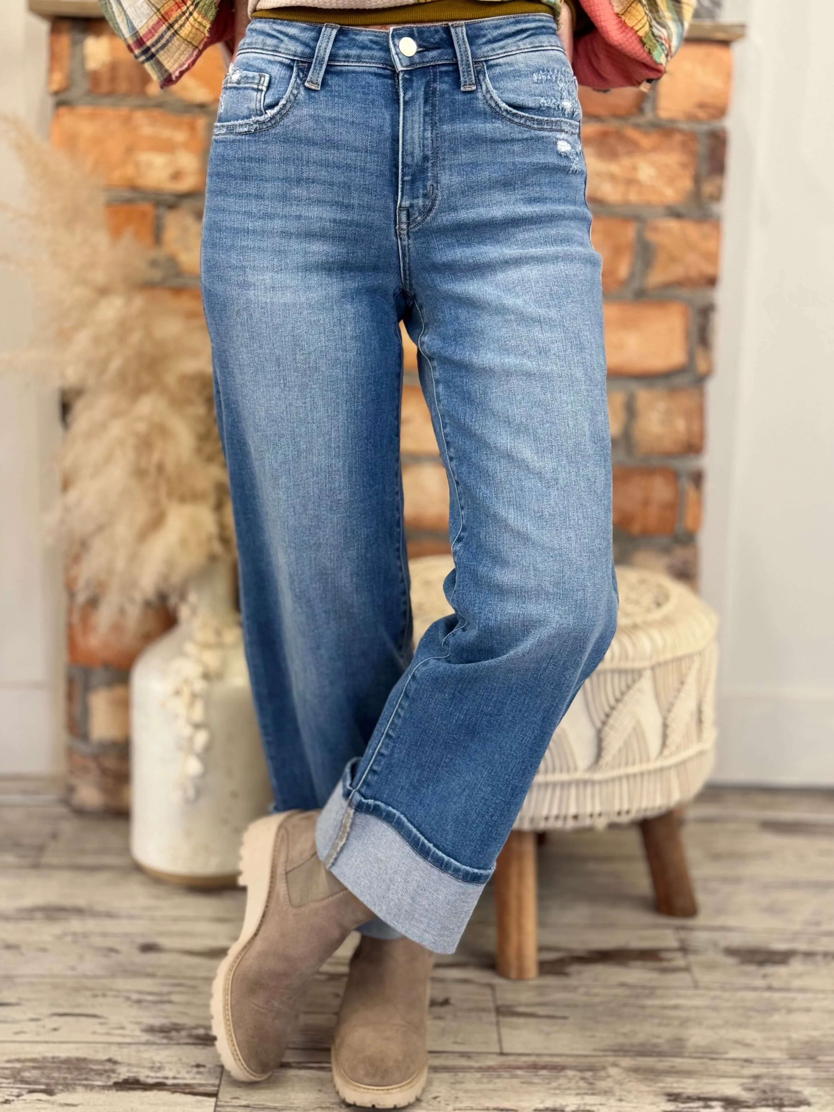 Cuffed Wide Leg High Rise Jeans