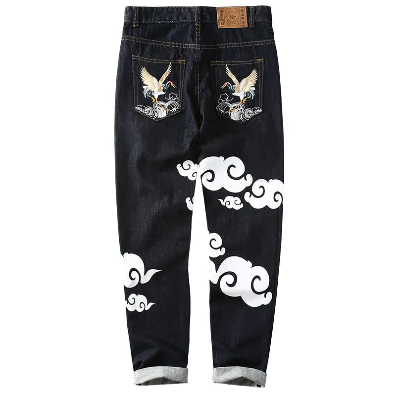 Dark Denim with White Cloud Printed Men Jeans