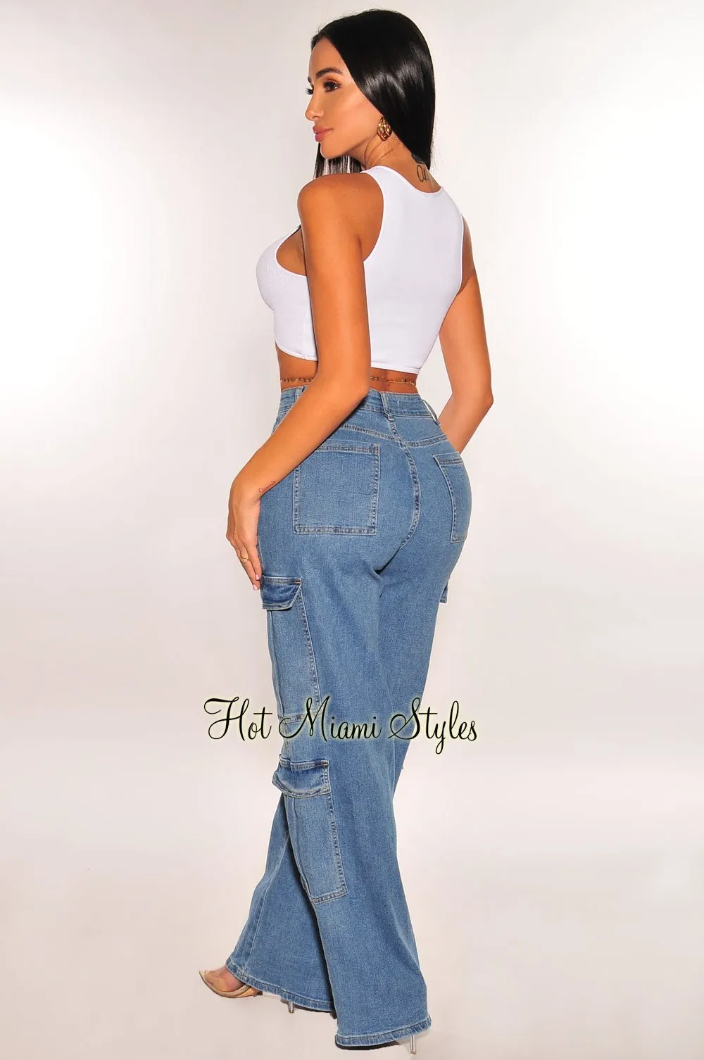 Denim High Waist Cargo Wide Leg Jeans