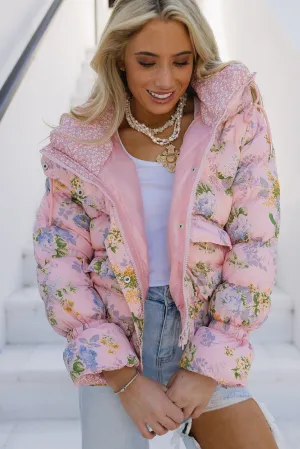 Fancy Florals Puffer Jacket - Pink