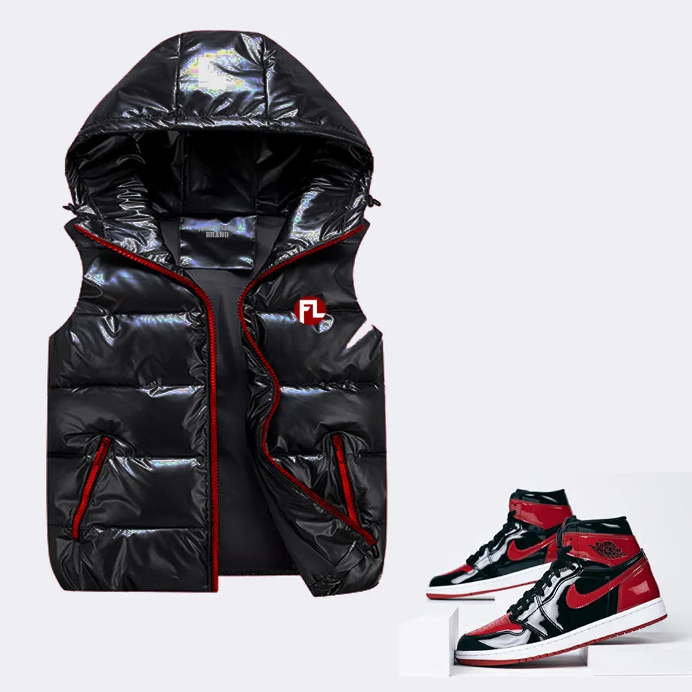 Forever Laced FL Gloss Black Hooded Bubble Vest Retro Jordan 1 OG Bred