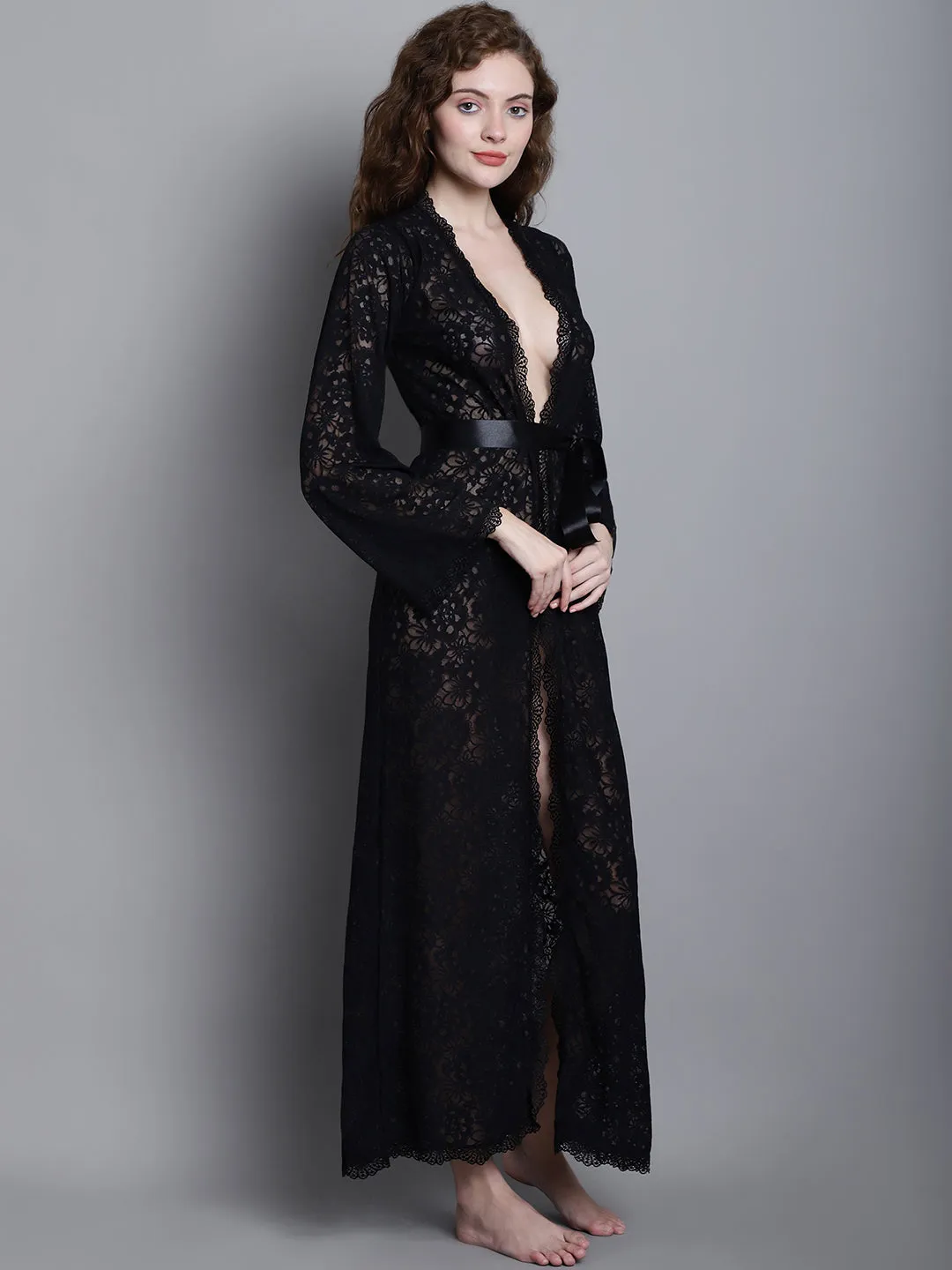 Fully Intricate Lacy Robe -  Black