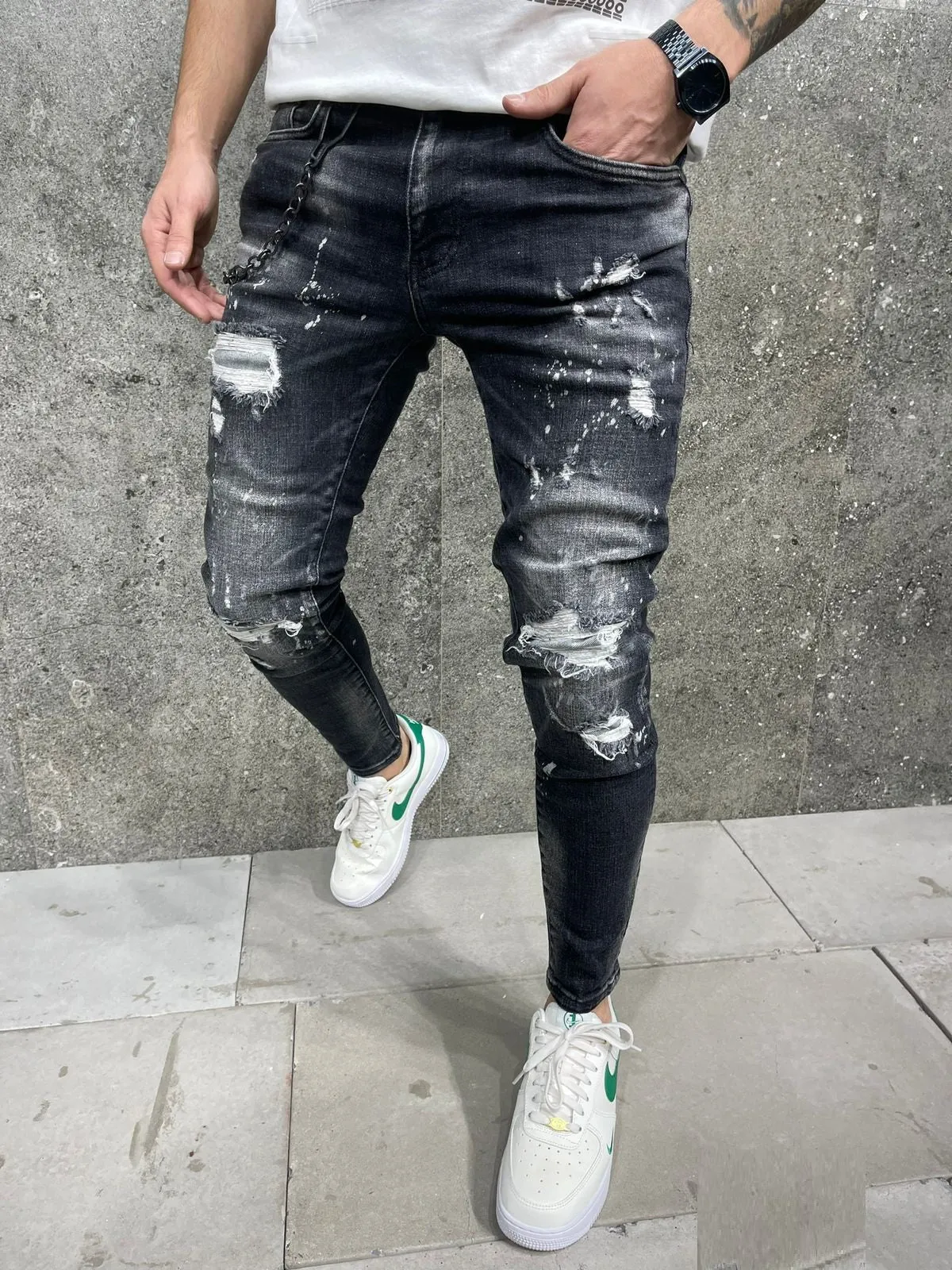 Gere Ankle Ripped Jeans   Chain - StoneWashed Black Y21