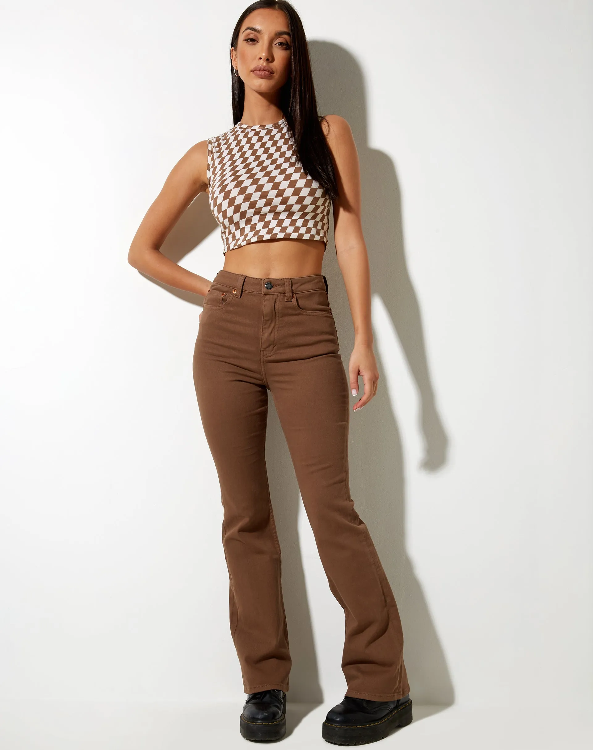 Gimon Crop Top in Diagonal Checker Tan and Ivory