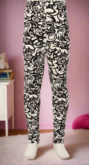 Girls Damask Leggings, Kids Yoga Pants, Sizes S/L, No-Roll Waist, Black/White