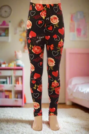 Girls Valentines Day Leggings, Heart Be Mine Leggings, Kids Yoga Pants, Sizes S/L, No-Roll Waist, Black/Red