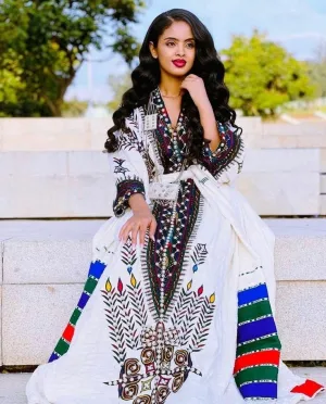 Gojam Cultural Habesha Dress With Dazzling Silver / Rhinestone Artwork Darker Tilet Habesha Kemis Traditional Ethiopian dress Style