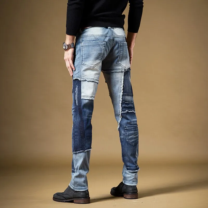 Irregular Full Patchwork Slim Straight Jeans