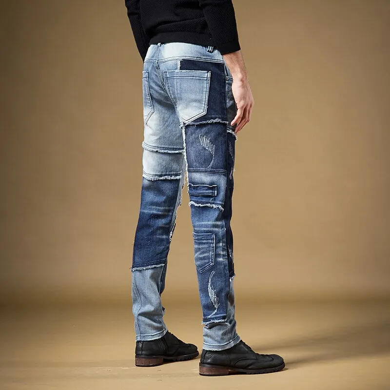 Irregular Full Patchwork Slim Straight Jeans