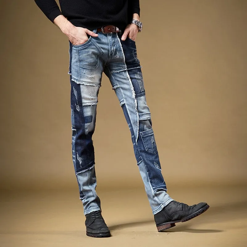 Irregular Full Patchwork Slim Straight Jeans