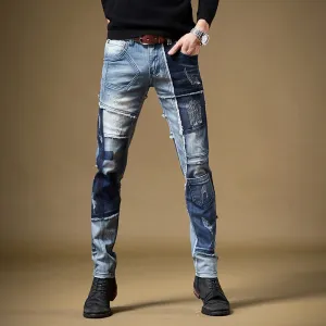 Irregular Full Patchwork Slim Straight Jeans