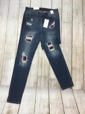 Judy Blue Red Plaid Patch Work Skinny Jeans