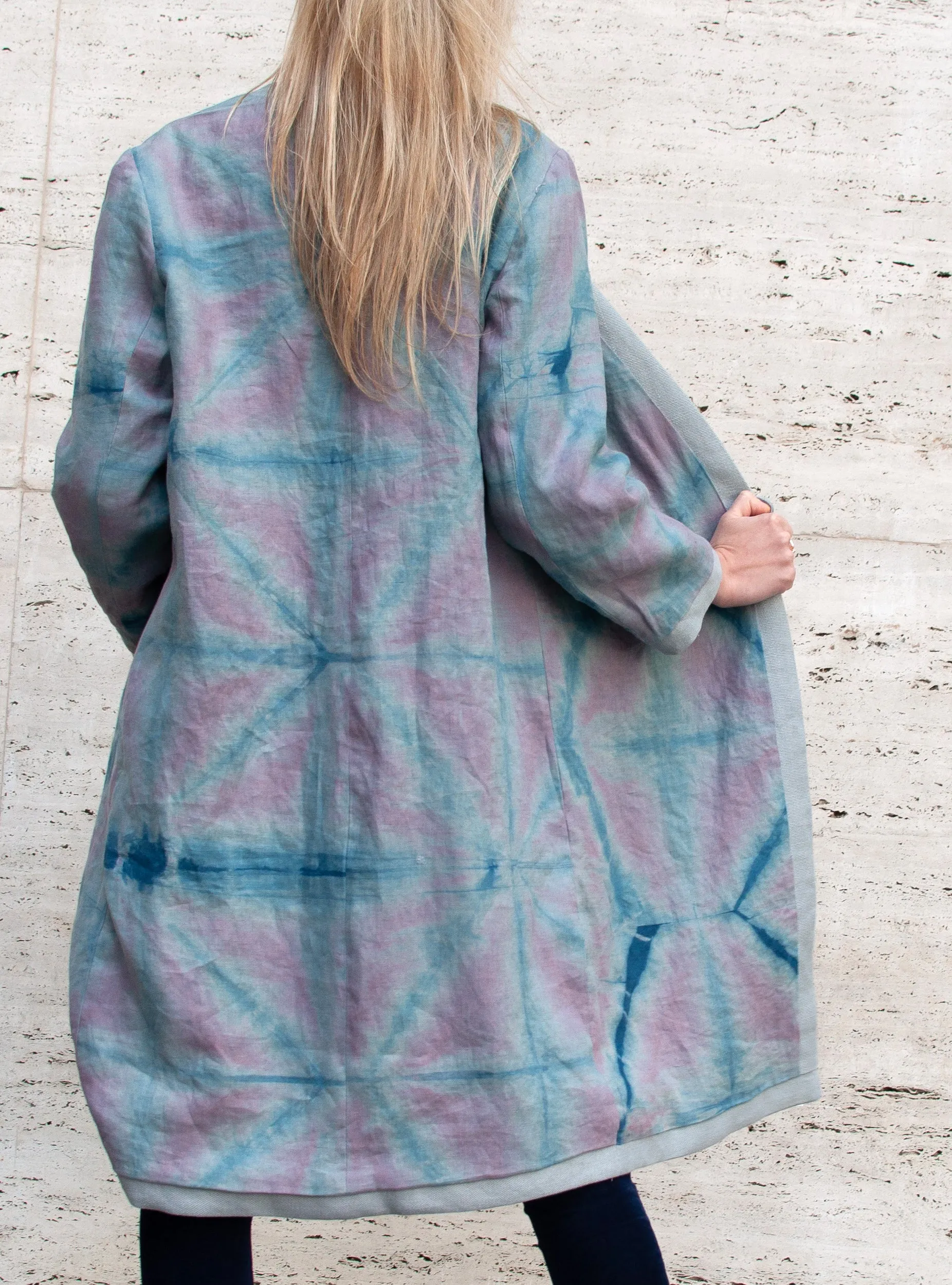 Lena Reversible Linen V-neck Jacket in Silver Grey and Pink Itajime Shibori