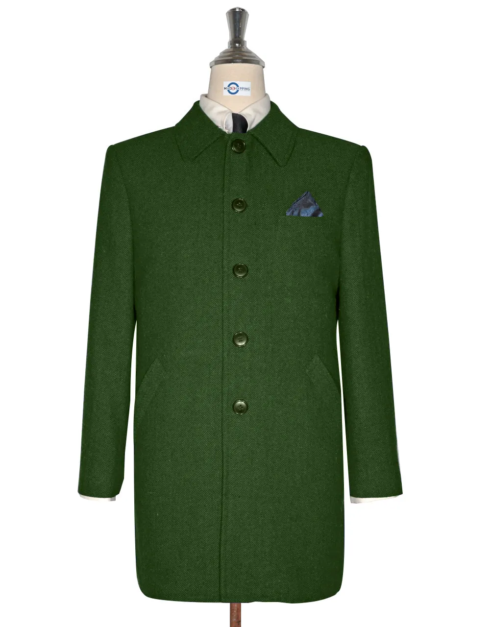 Mac Coat Men's | 60 s Vintage Style Green Herringbone Mac Coat