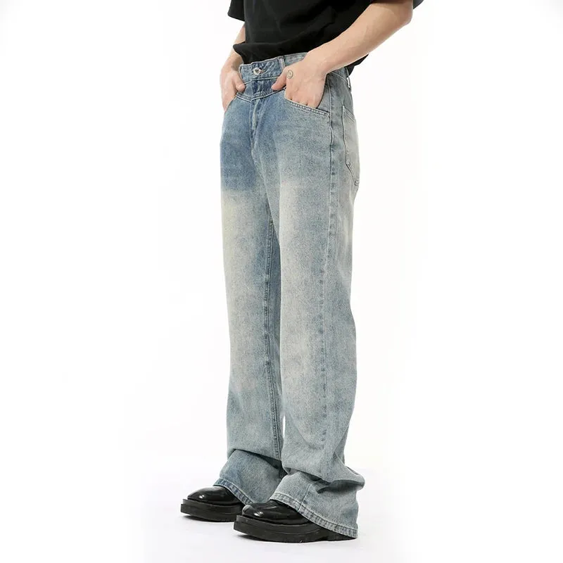 Male Blue Spliced Design Denim Pants Gradient Color New High Street Loose Boot Cut Men's Jeans Summer Trend 9C6688