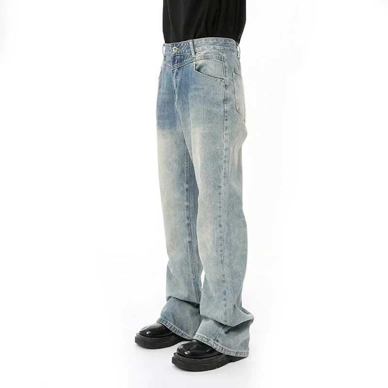 Male Blue Spliced Design Denim Pants Gradient Color New High Street Loose Boot Cut Men's Jeans Summer Trend 9C6688