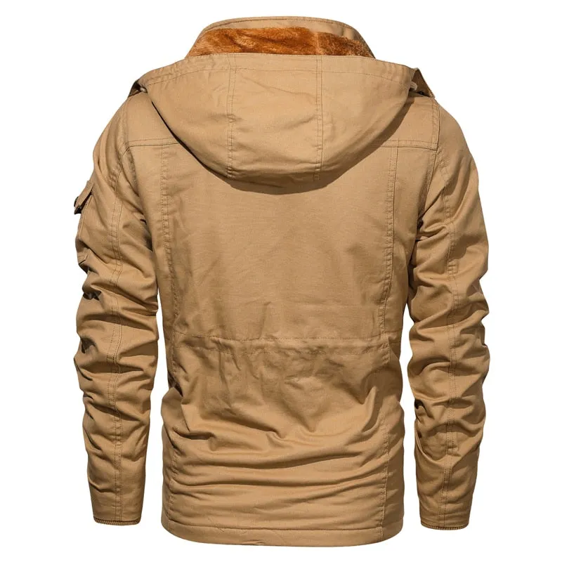 Men Winter Warm Thick Fleece Bomber Jacket Military Cotton Cargo Hooded Windbreaker Coat