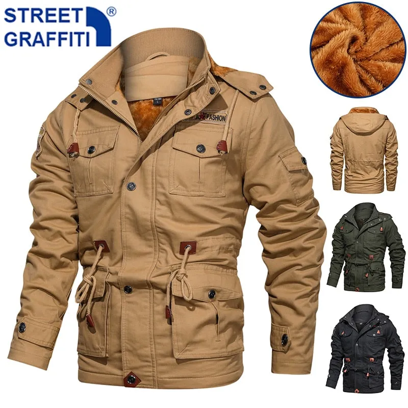 Men Winter Warm Thick Fleece Bomber Jacket Military Cotton Cargo Hooded Windbreaker Coat