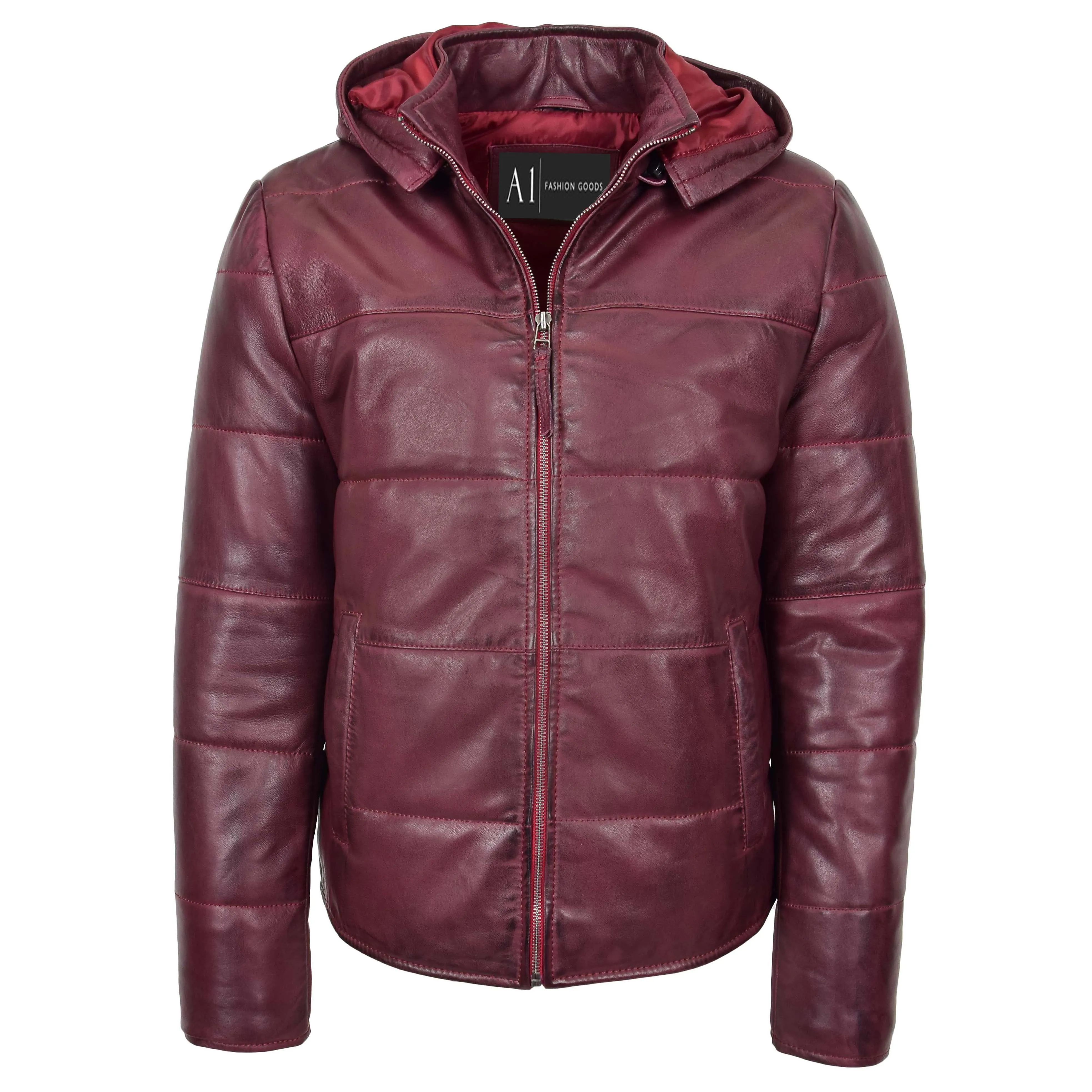 Mens Real Leather Puffer Jacket Fully Padded With Hood DRACO Burgundy