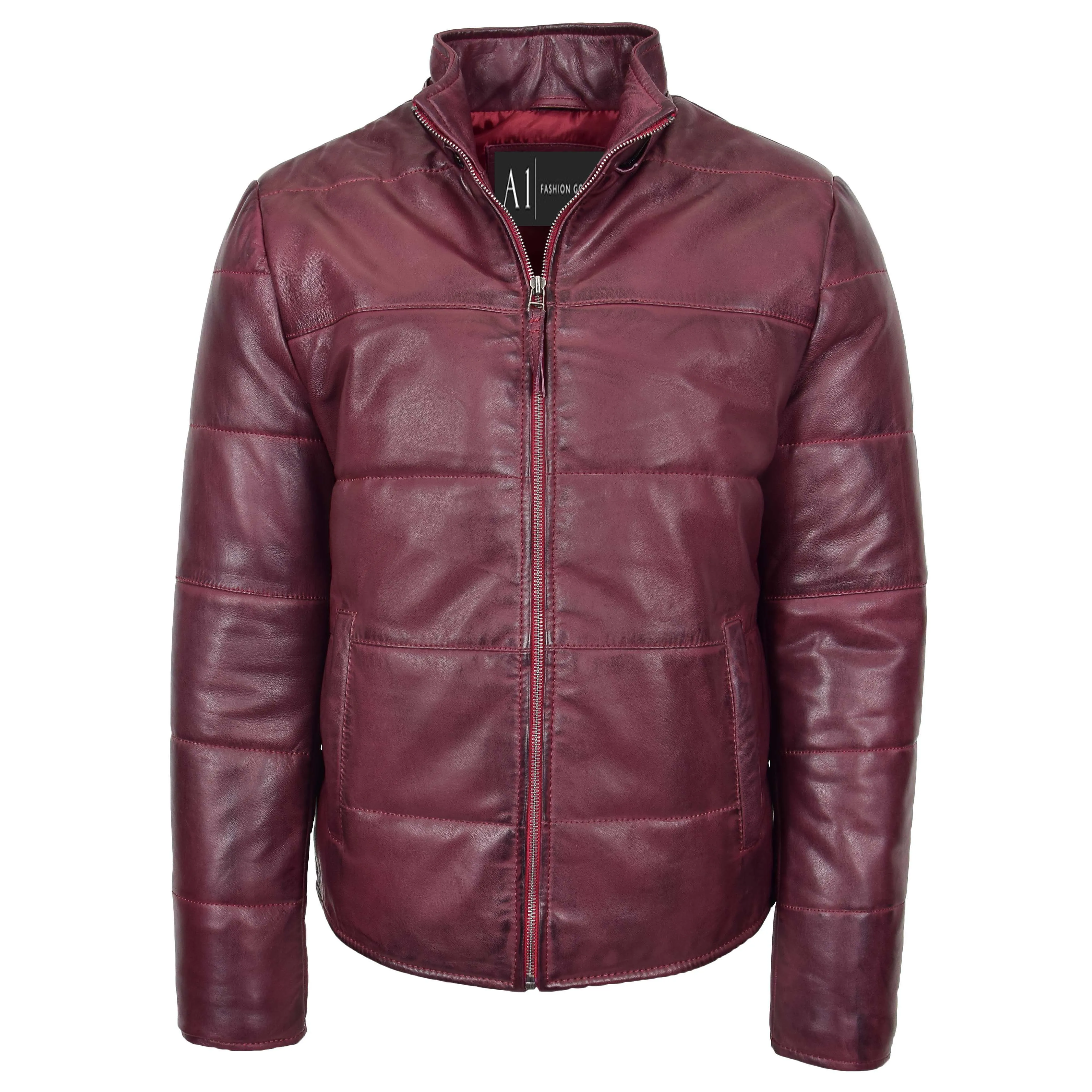 Mens Real Leather Puffer Jacket Fully Padded With Hood DRACO Burgundy