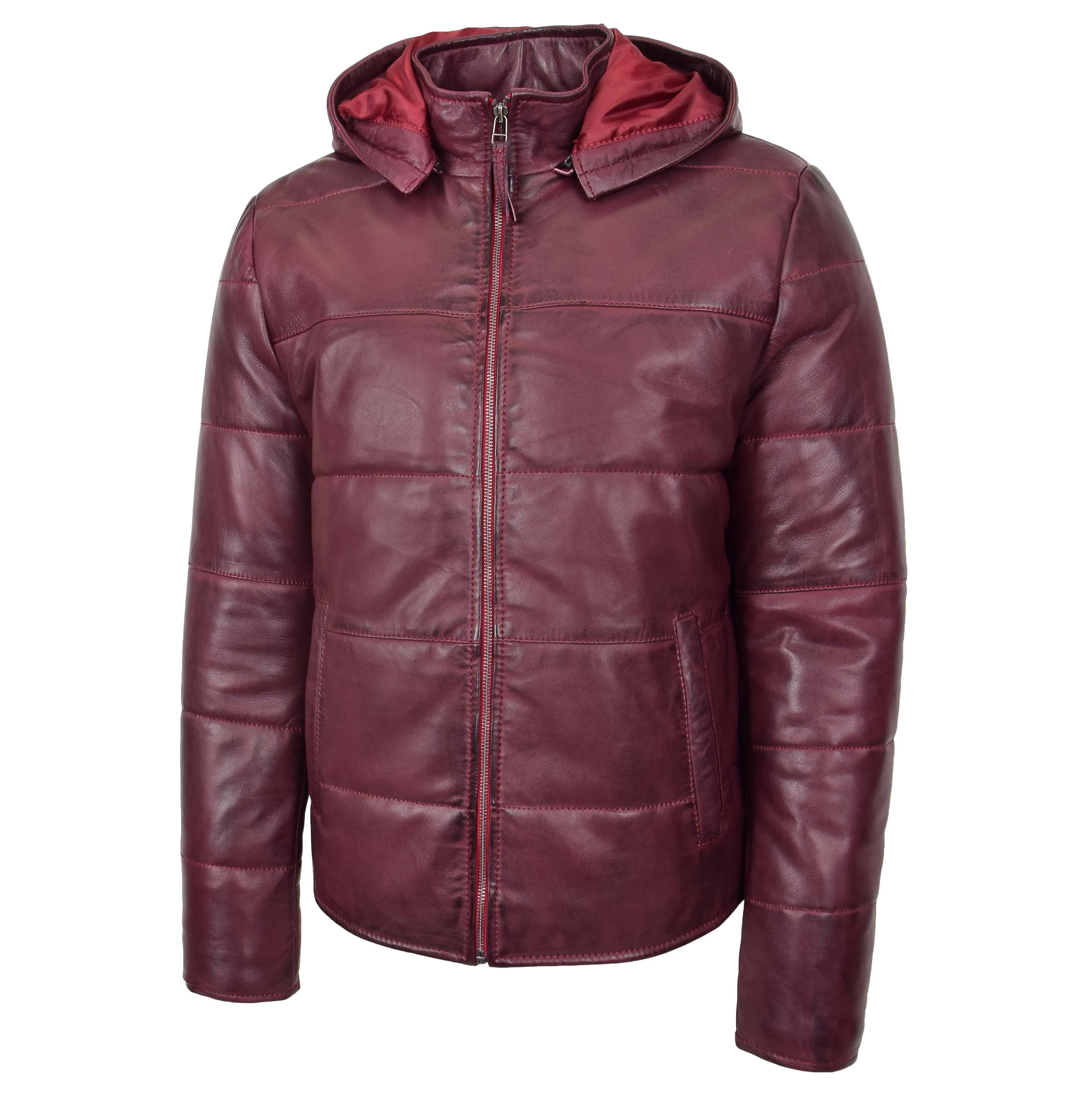 Mens Real Leather Puffer Jacket Fully Padded With Hood DRACO Burgundy