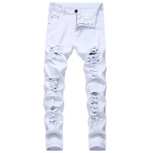 Men's Ripped Jeans Straight Pants Mid Waisted Urban Jeans Denim Trousers