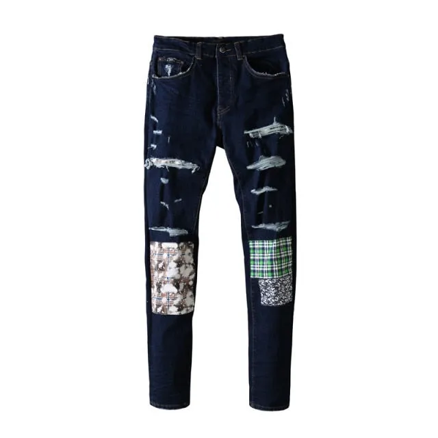 Multi-Pattern Patchwork Ripped Jeans