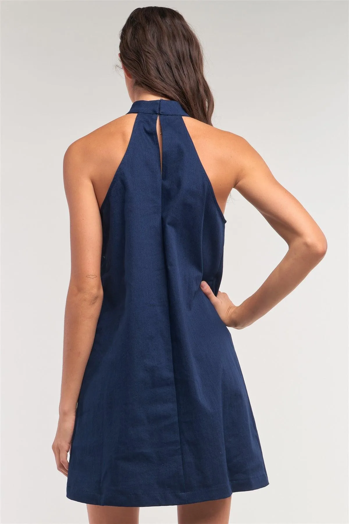 Navy Sleeveless Bow Halter Neck Scallop Hem Detail Denim Mini Dress /1-2-1