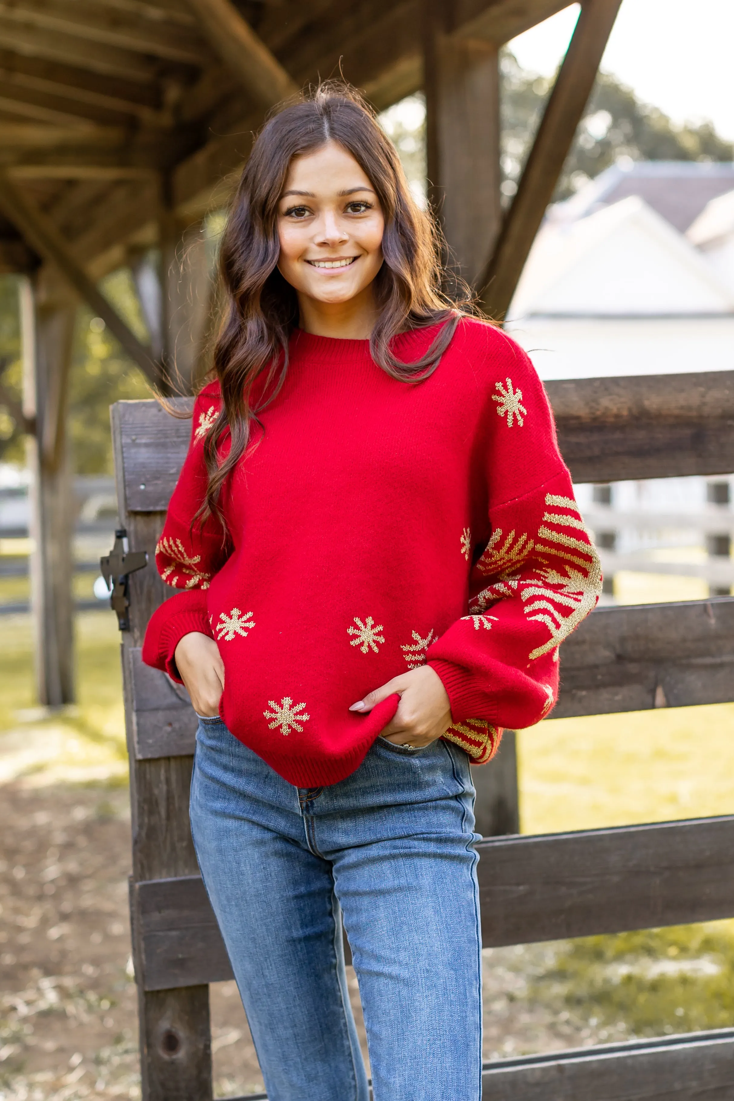 Nightfall Frost Red Sweater with Gold Snowflakes