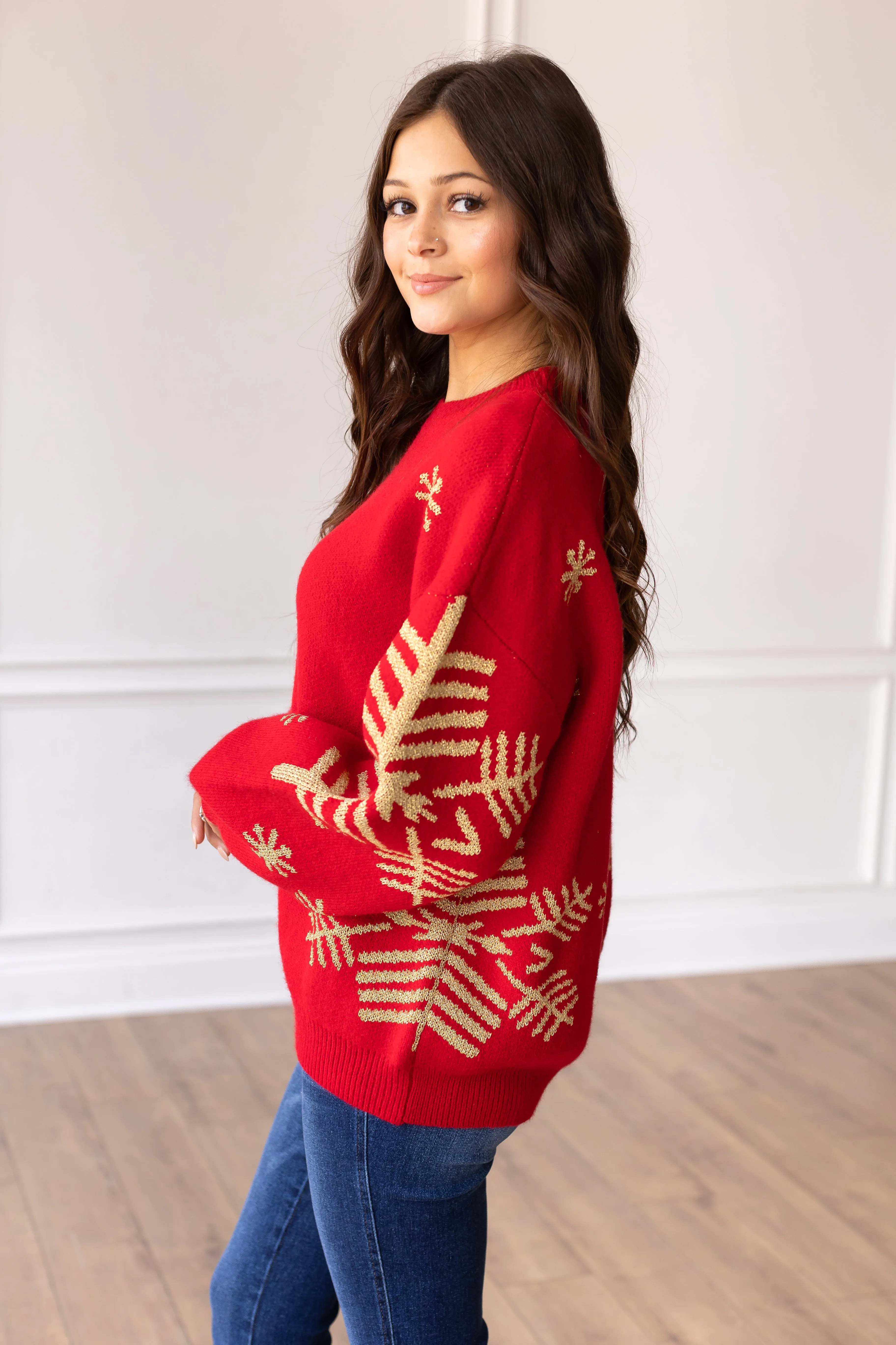 Nightfall Frost Red Sweater with Gold Snowflakes