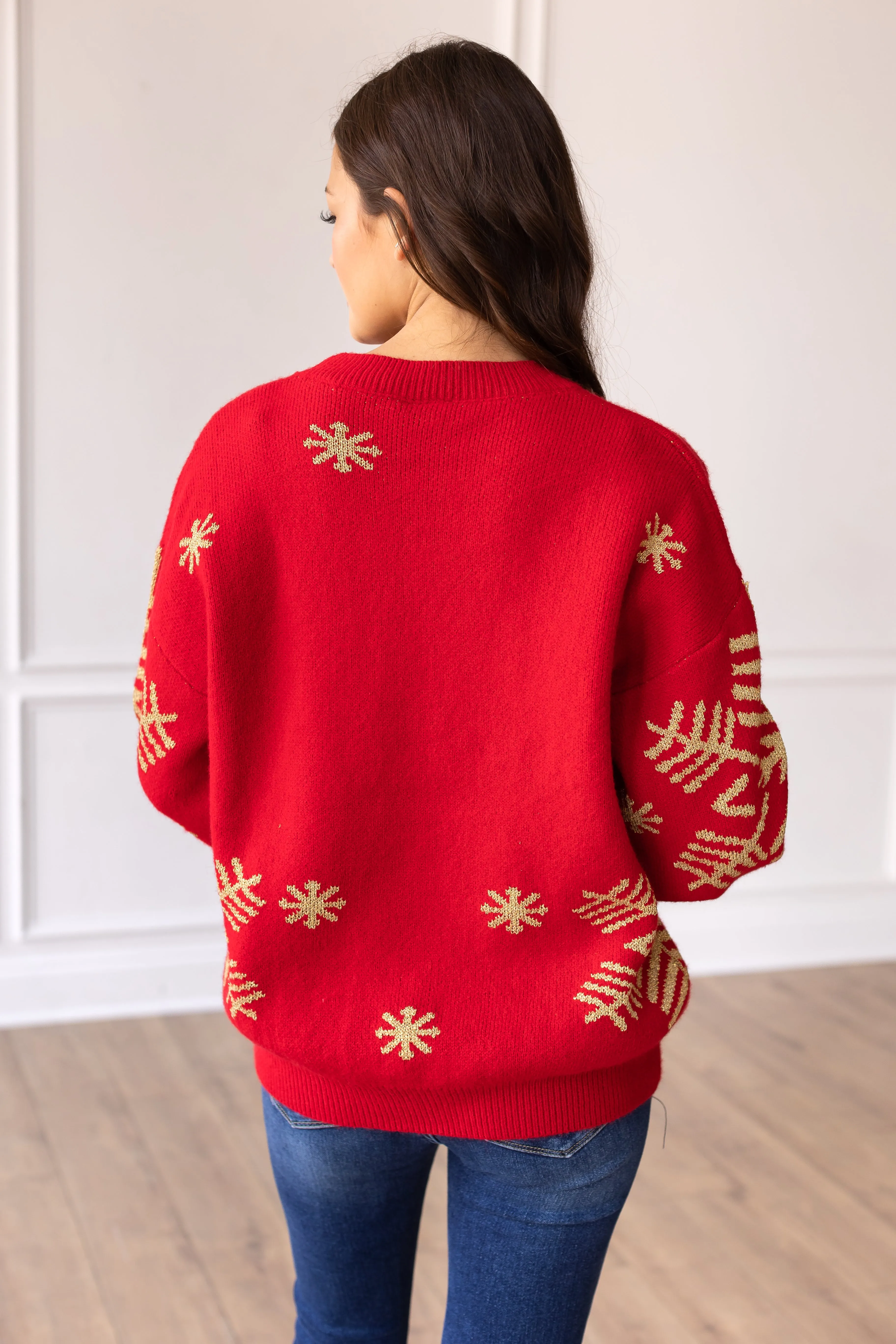 Nightfall Frost Red Sweater with Gold Snowflakes