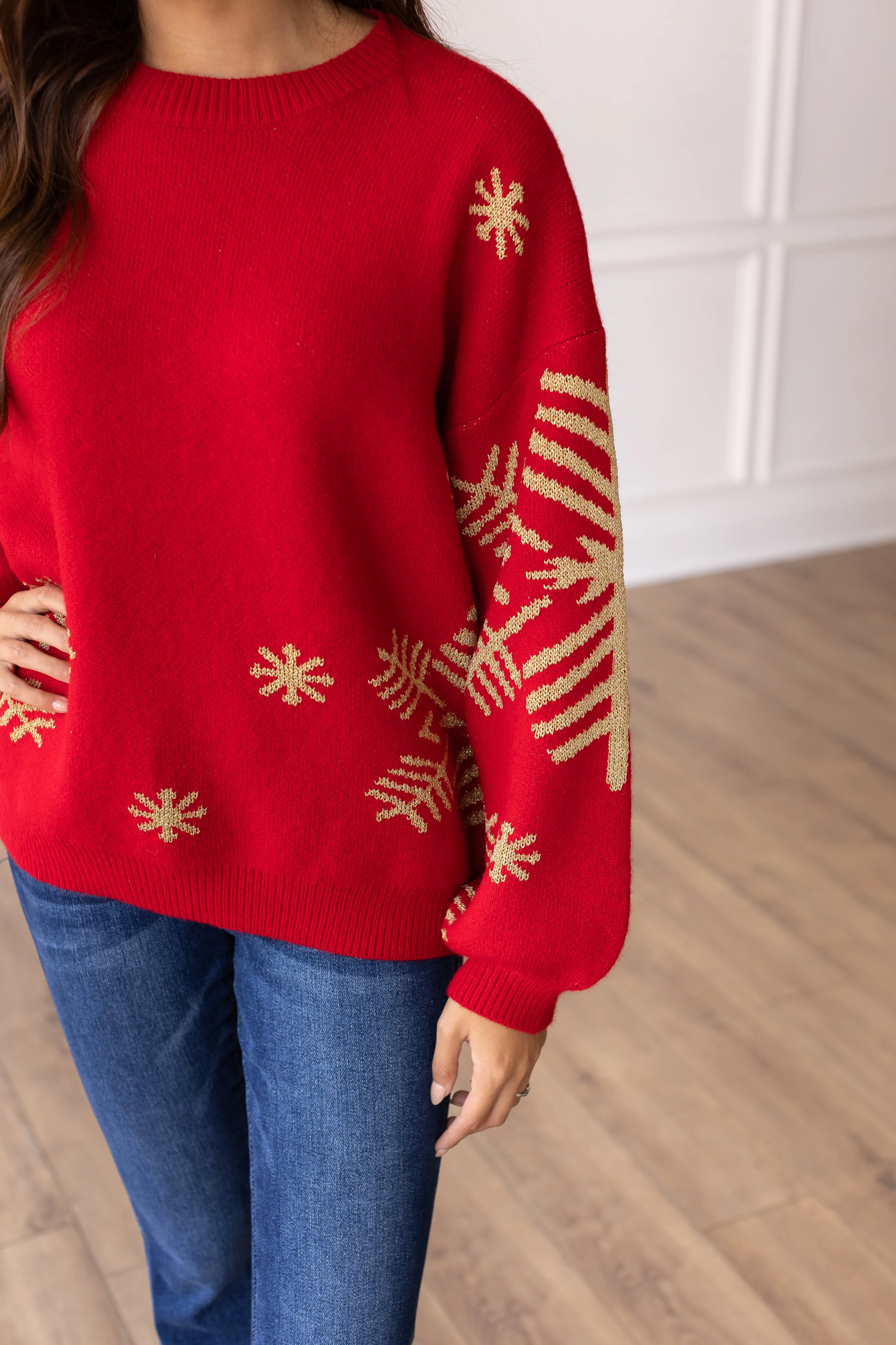 Nightfall Frost Red Sweater with Gold Snowflakes