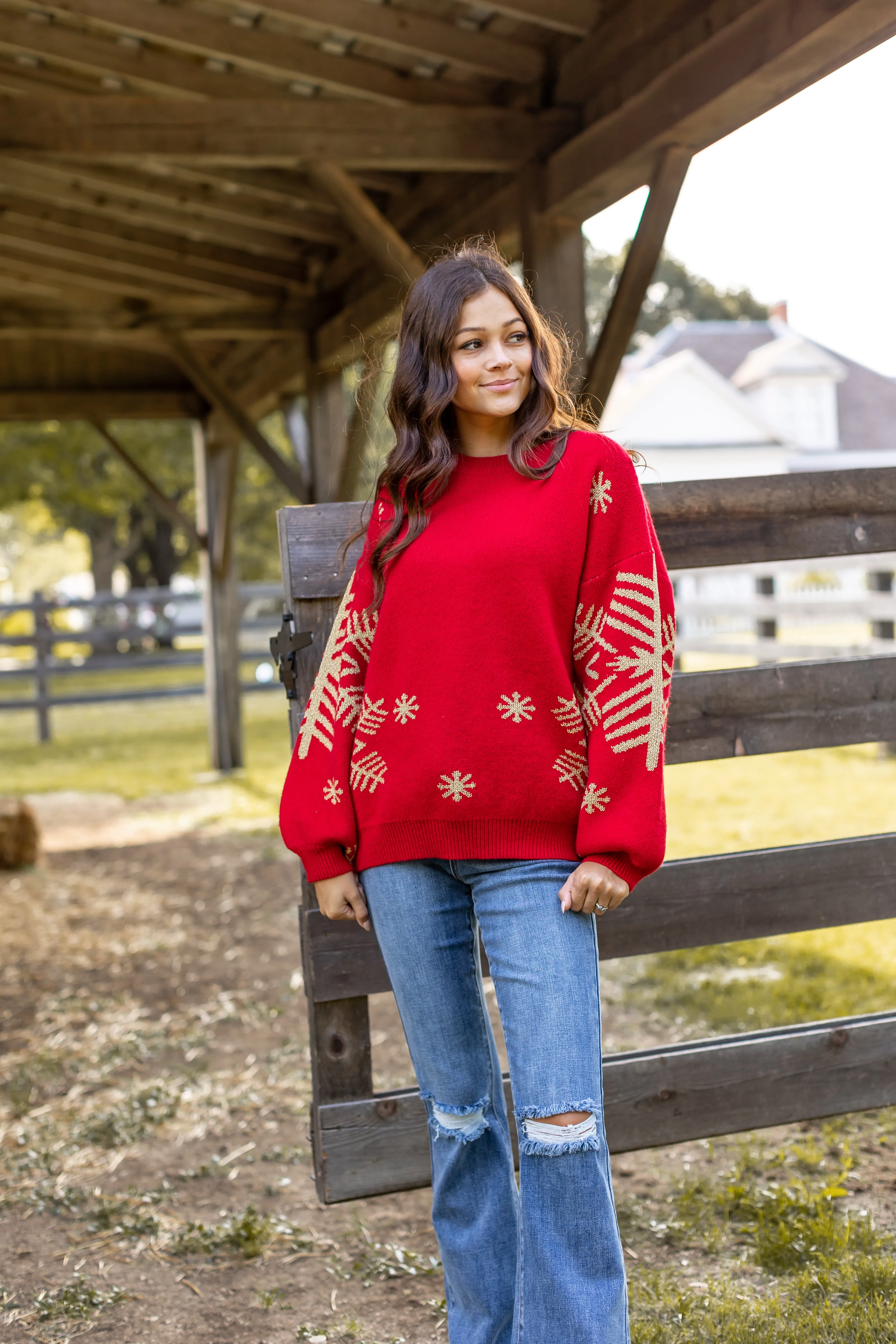 Nightfall Frost Red Sweater with Gold Snowflakes