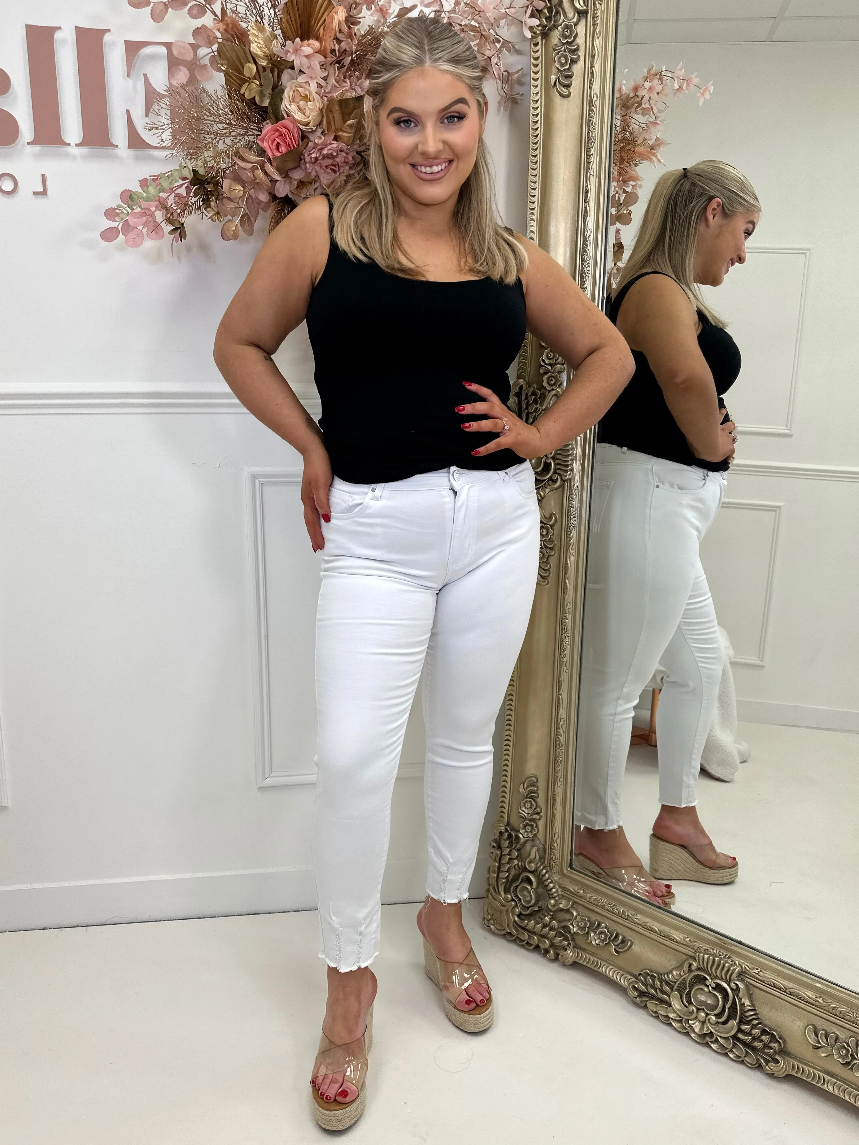 Nikki curve white ripped hem skinny jeans