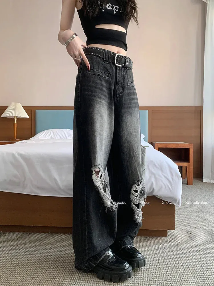 Punk Heavy Industry Washed Ripped Women Street Hip Hop Y2k Vintage Without Belt Jeans