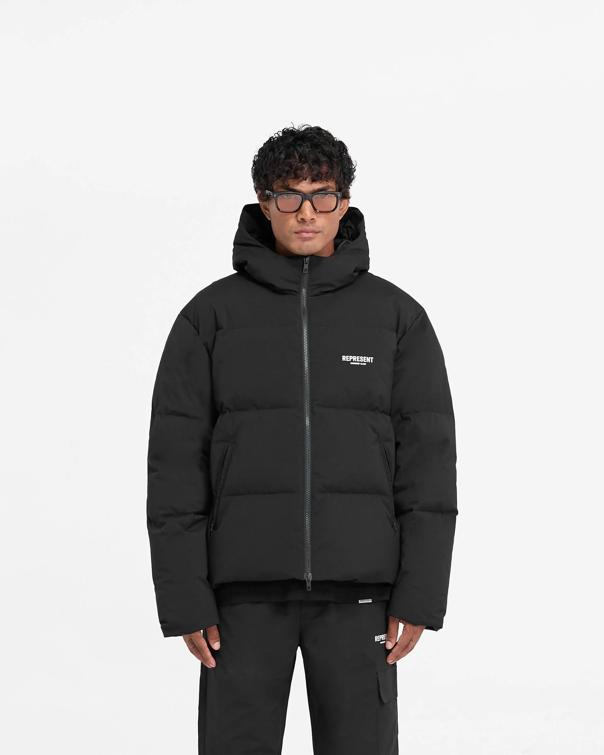 Represent Owners Club Hooded Puffer Jacket - Black