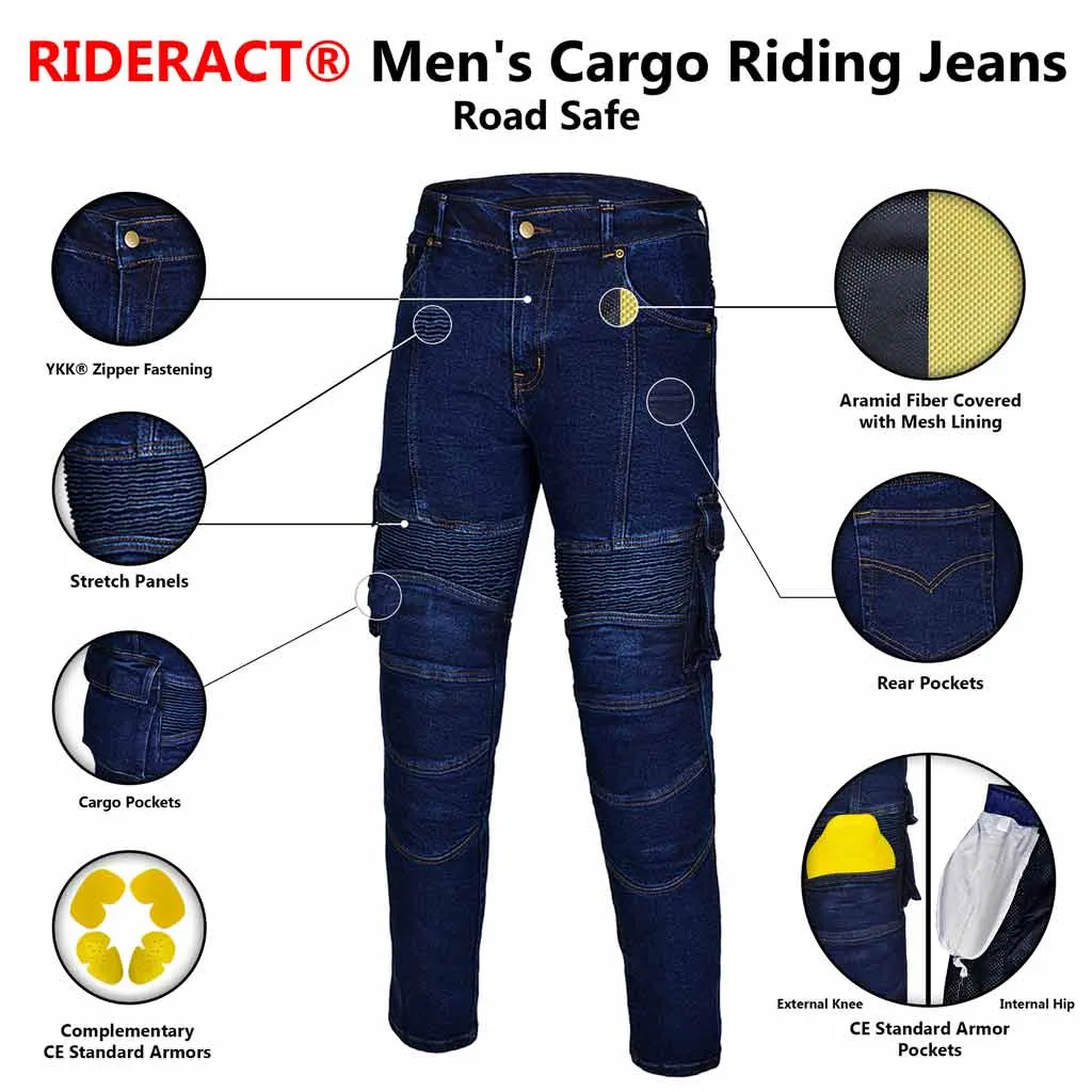 RIDERACT® Road Safe Cargo Jeans for Mens Reinforced with Aramid Fiber