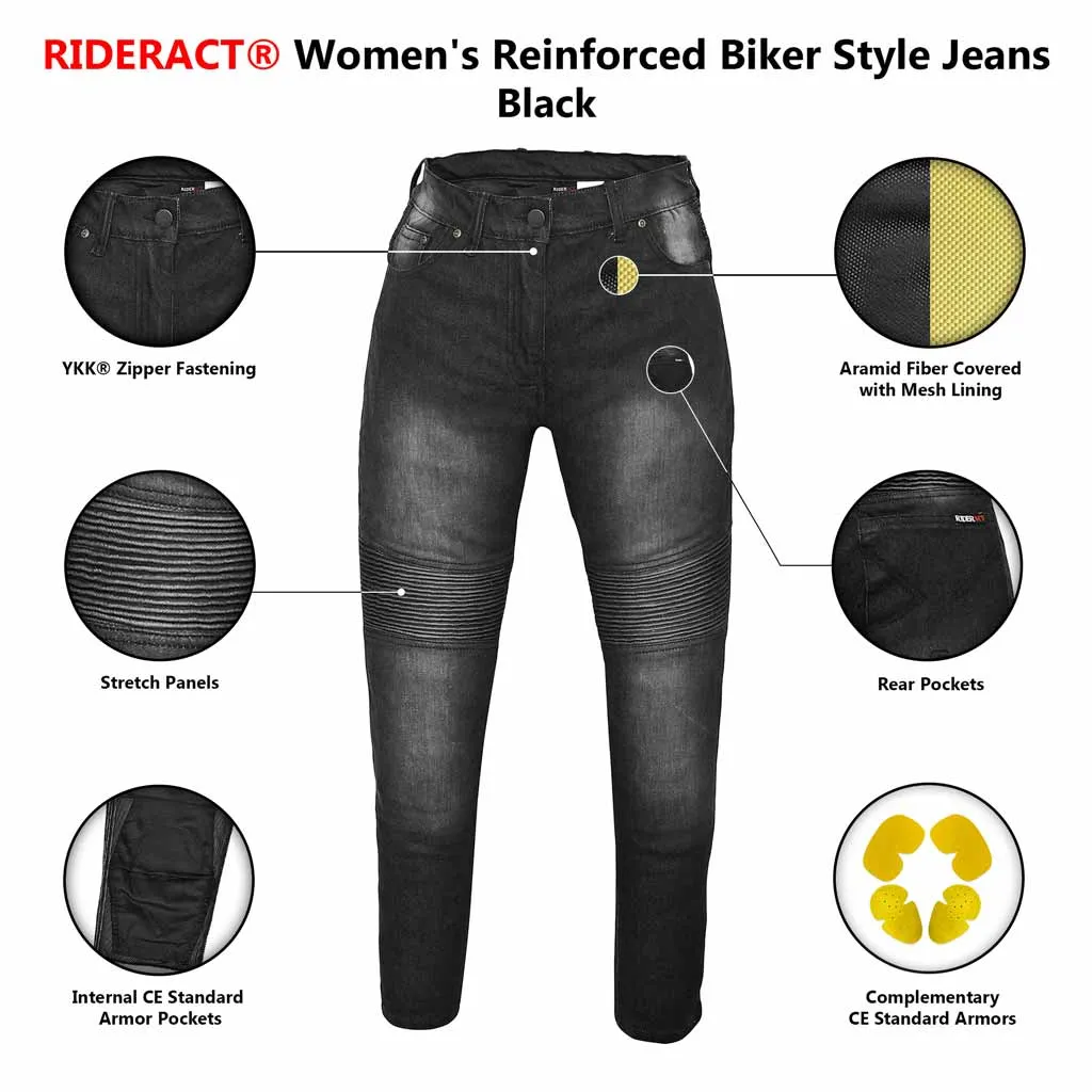 RIDERACT® Women's Bikers Style Jeans Black Reinforced with Aramid Fiber