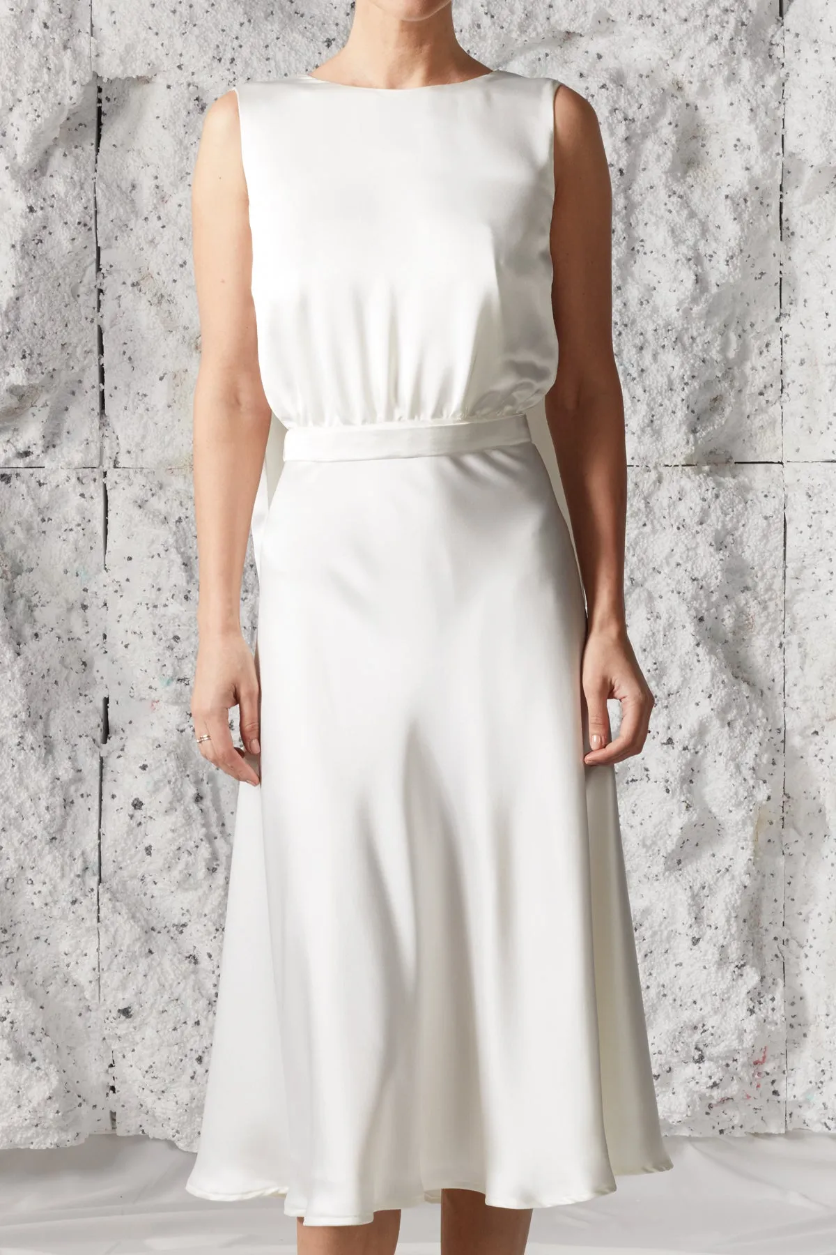 ROSA white satin midi dress with back ribbons