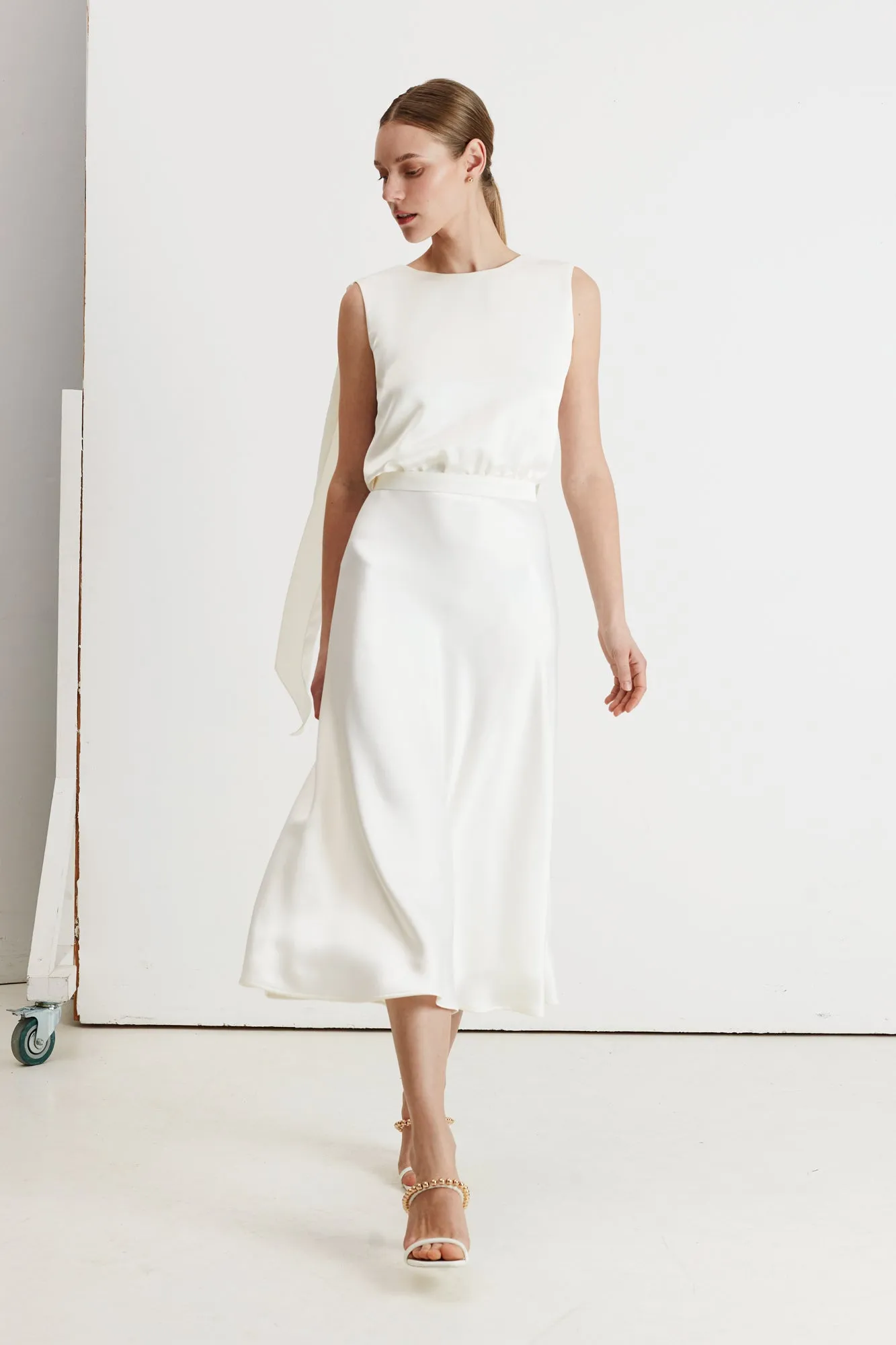 ROSA white satin midi dress with back ribbons