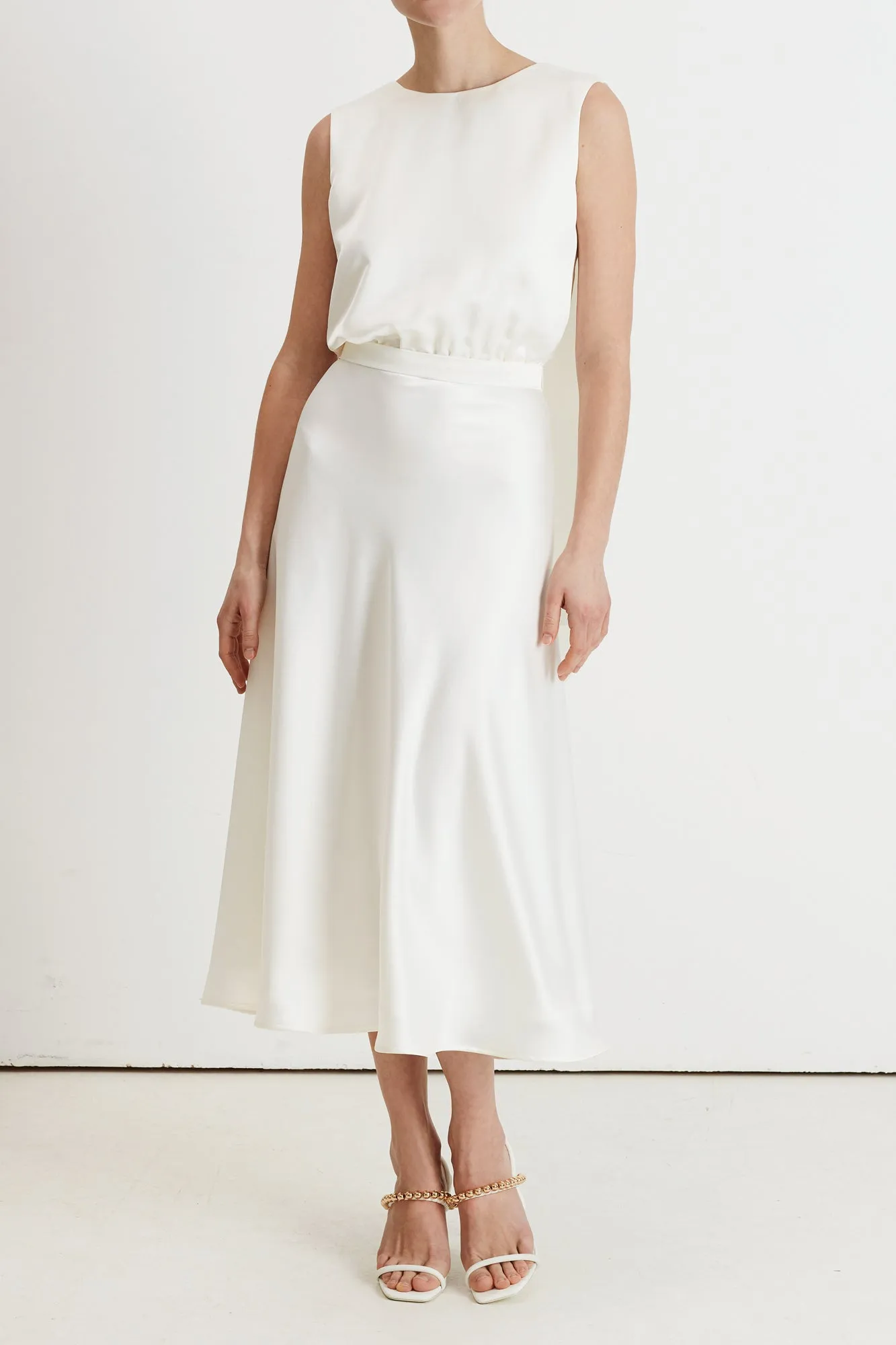 ROSA white satin midi dress with back ribbons